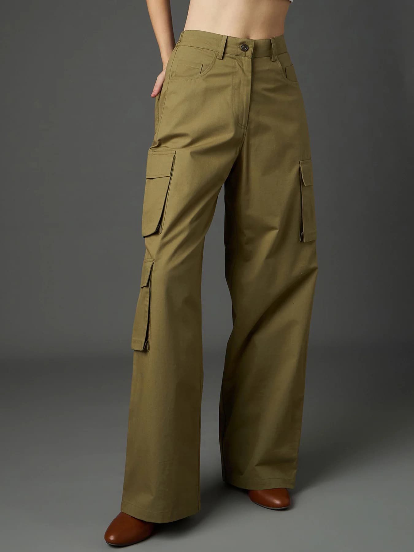 Women's Green Casual Solid Wide Leg Cargos