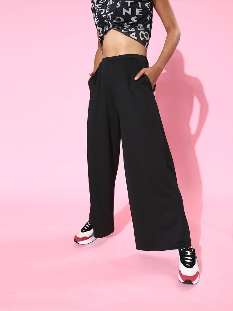 Women's Black Casual Solid Wide Leg Trouser