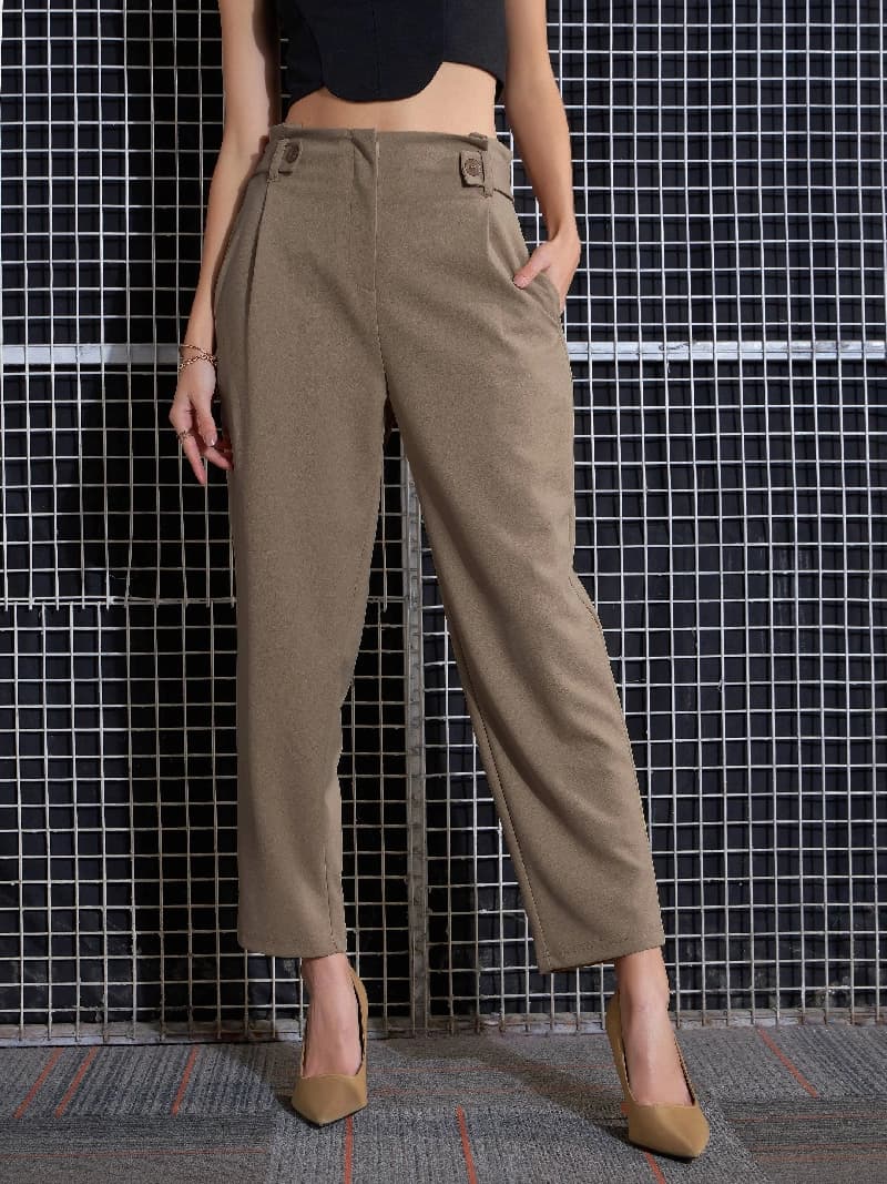 Women's Beige Casual Solid Straight Fit Trouser