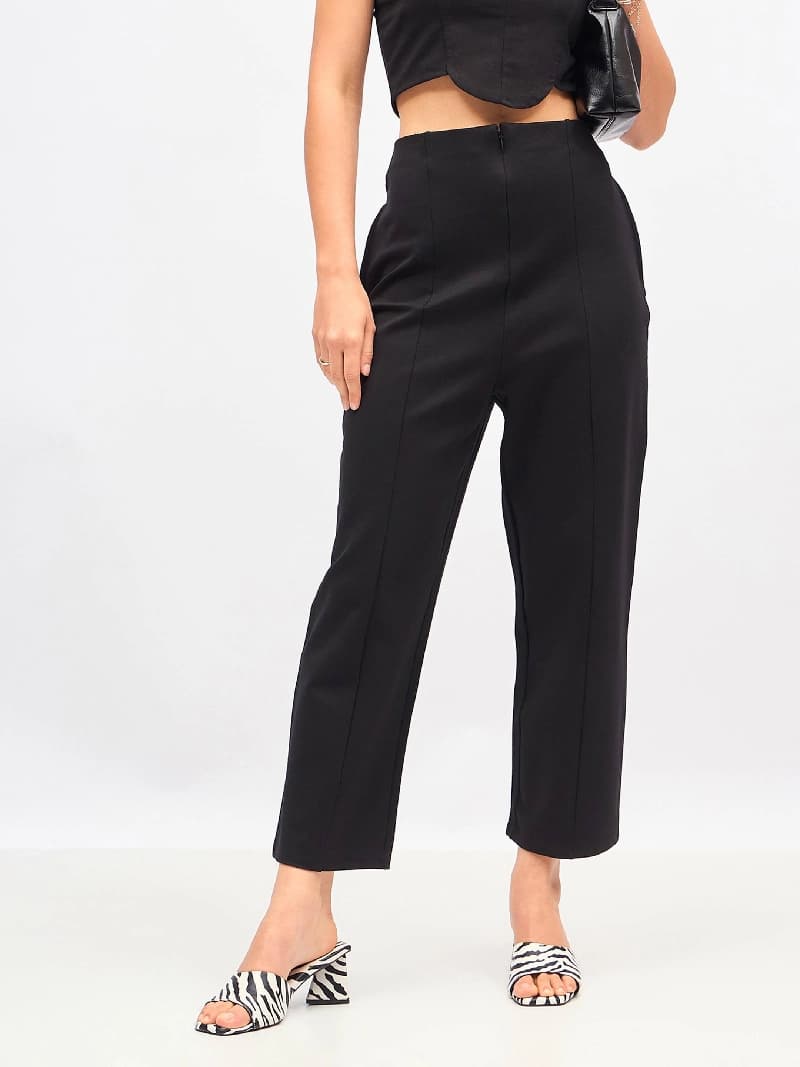 Women's Black Casual Solid Straight Fit Trouser