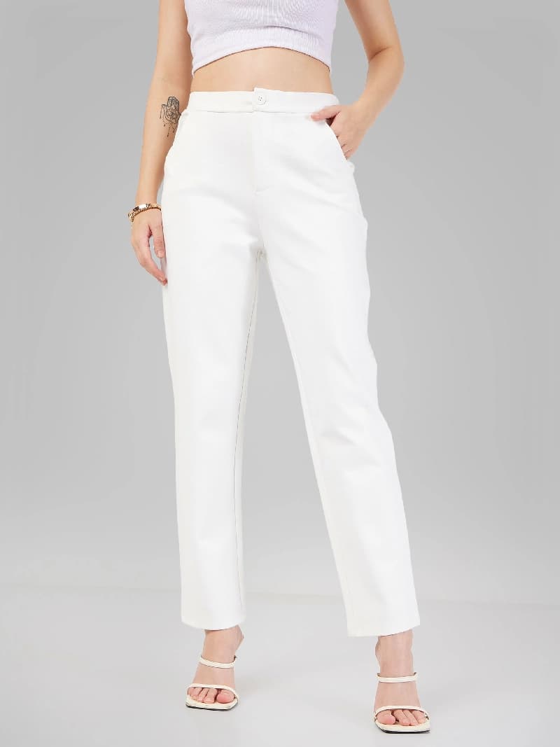 Women's White Casual Solid Tapered Fit Trouser