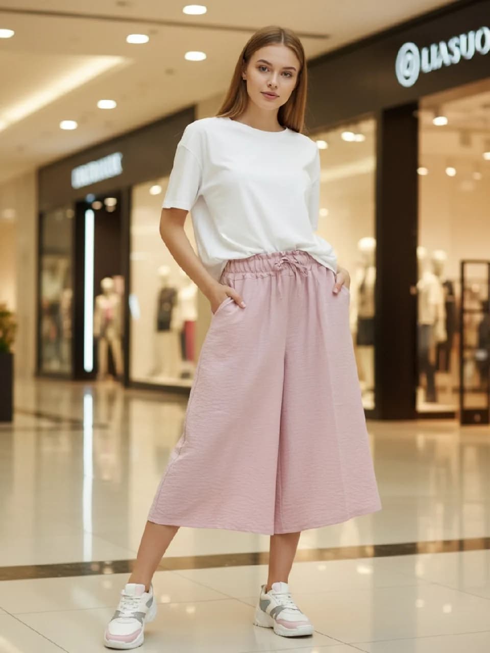 Women's Pink Casual Solid Wide Leg Trouser