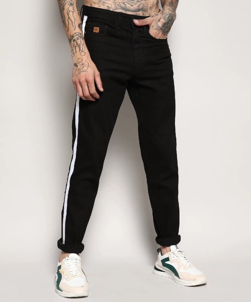 Men's Black Casual Striped Jeans