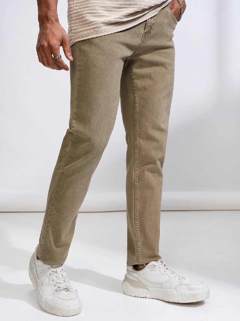 Men's Beige Casual Solid Slim Fit Jeans