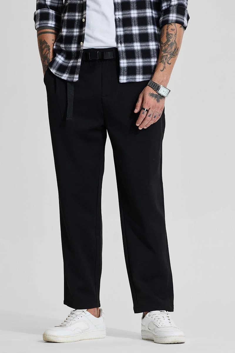Men's Black Casual Solid Regular Fit Trouser