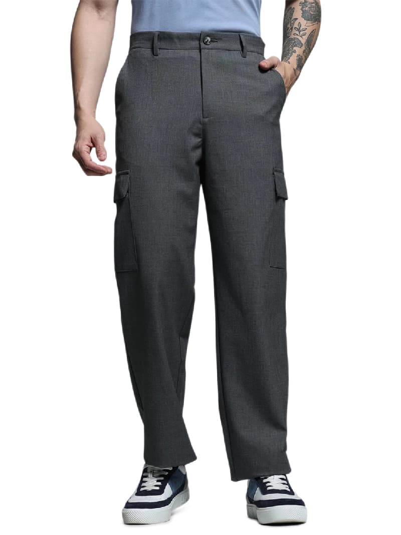 Men's Grey Casual Solid Straight Fit Cargo