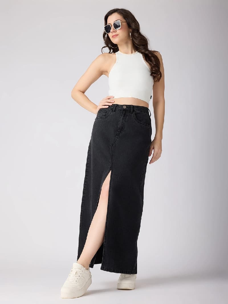 Women's Grey Casual Solid Straight Fit Skirt