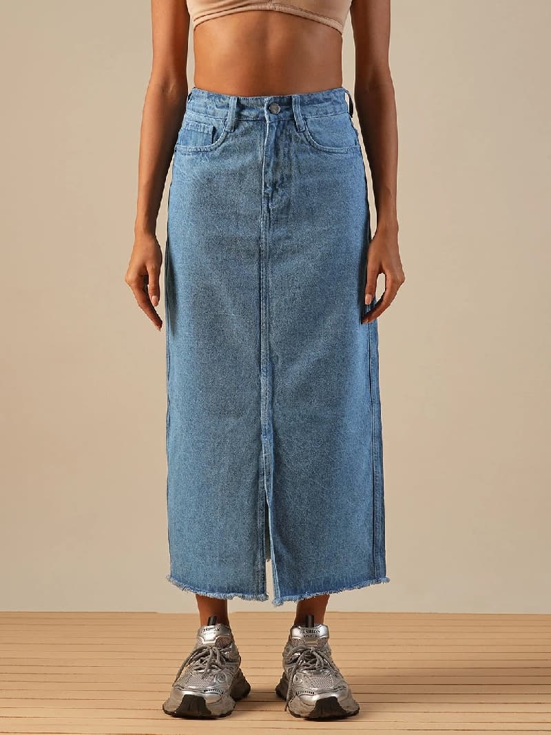 Women's Blue Casual Solid Straight Fit Skirt