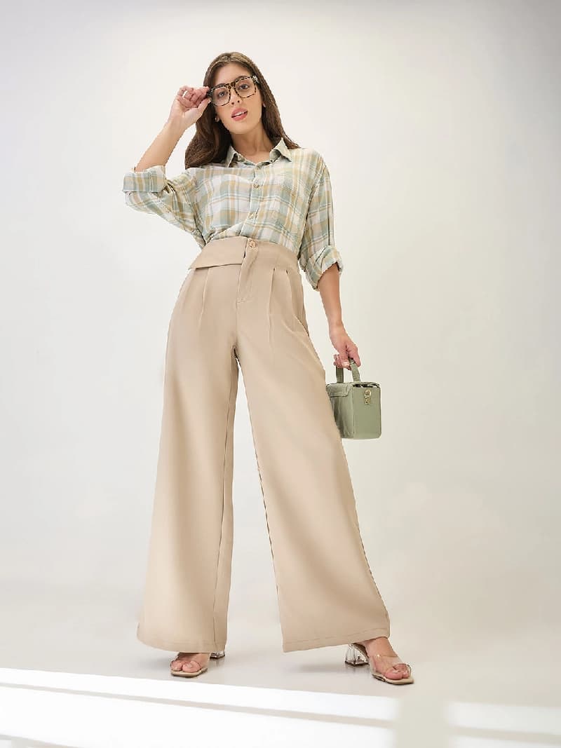 Women's Beige Formal Solid Wide Leg Trouser