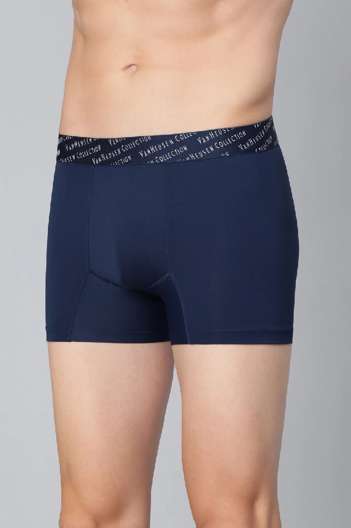 Men's Navy Regular Fit 4 Way Stretch 3D Logo Waistband Solid Tactel Trunk - Pack of 1