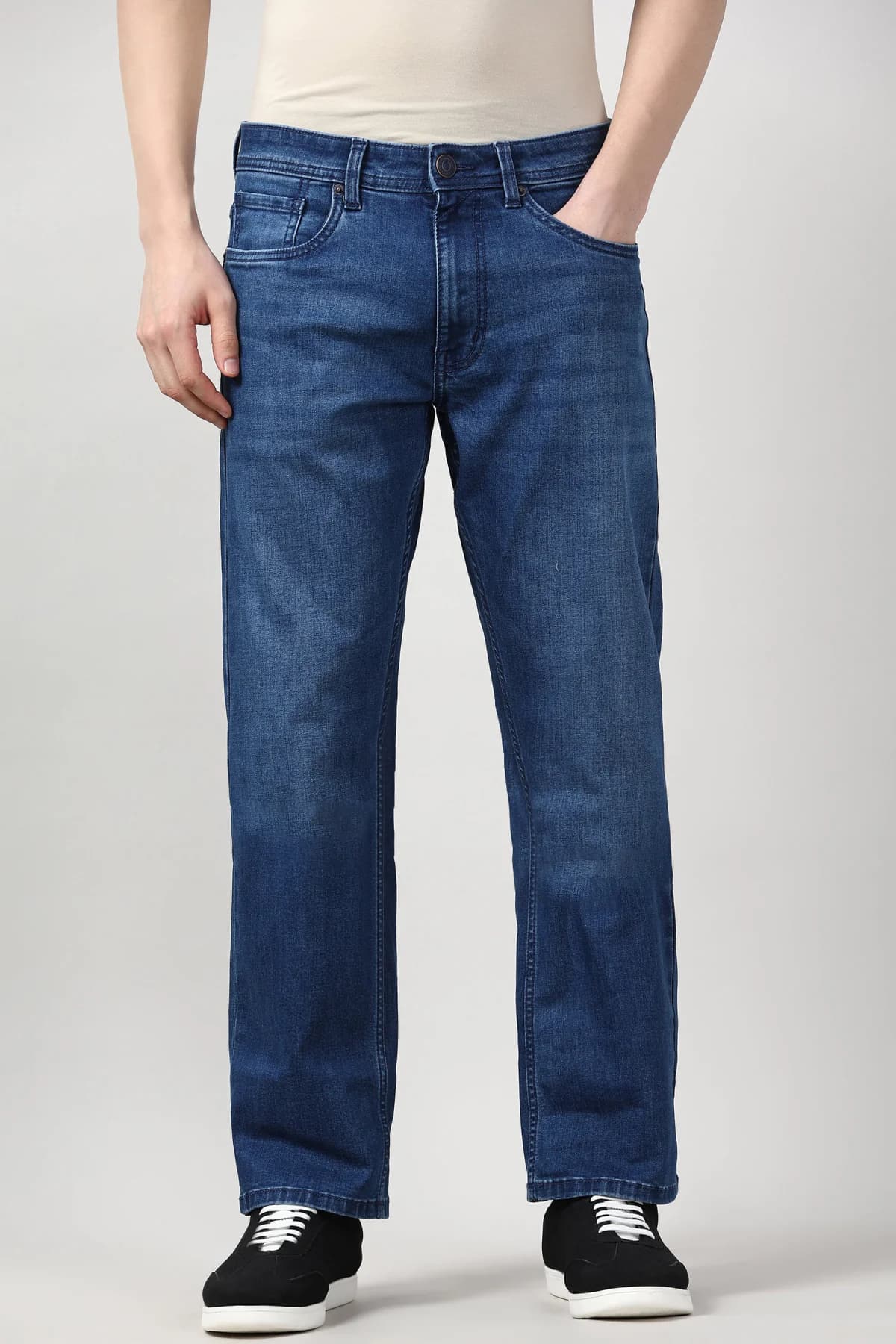 Men's Navy Casual Solid Bootcut Fit Jeans
