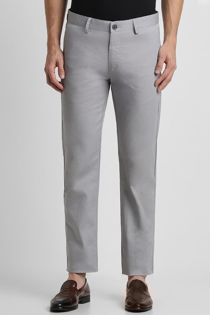 Men's Silver Casual Solid Slim Fit Trouser