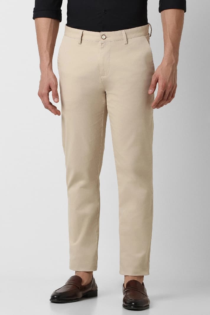 Men's Beige Casual Solid Slim Fit Trouser
