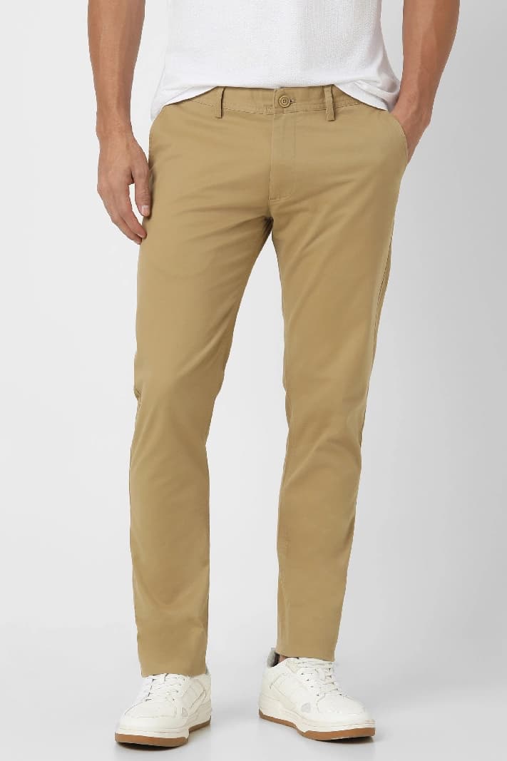 Men's Beige Casual Solid Skinny Fit Trouser