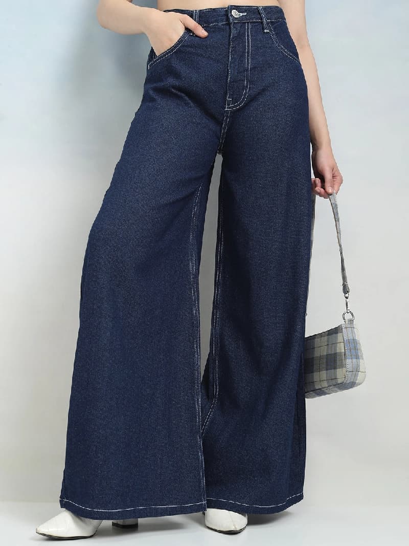 Women's Blue Casual Solid Wide Leg Jeans