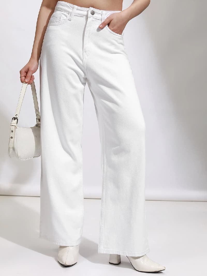 Women's White Casual Solid Wide Leg Jeans