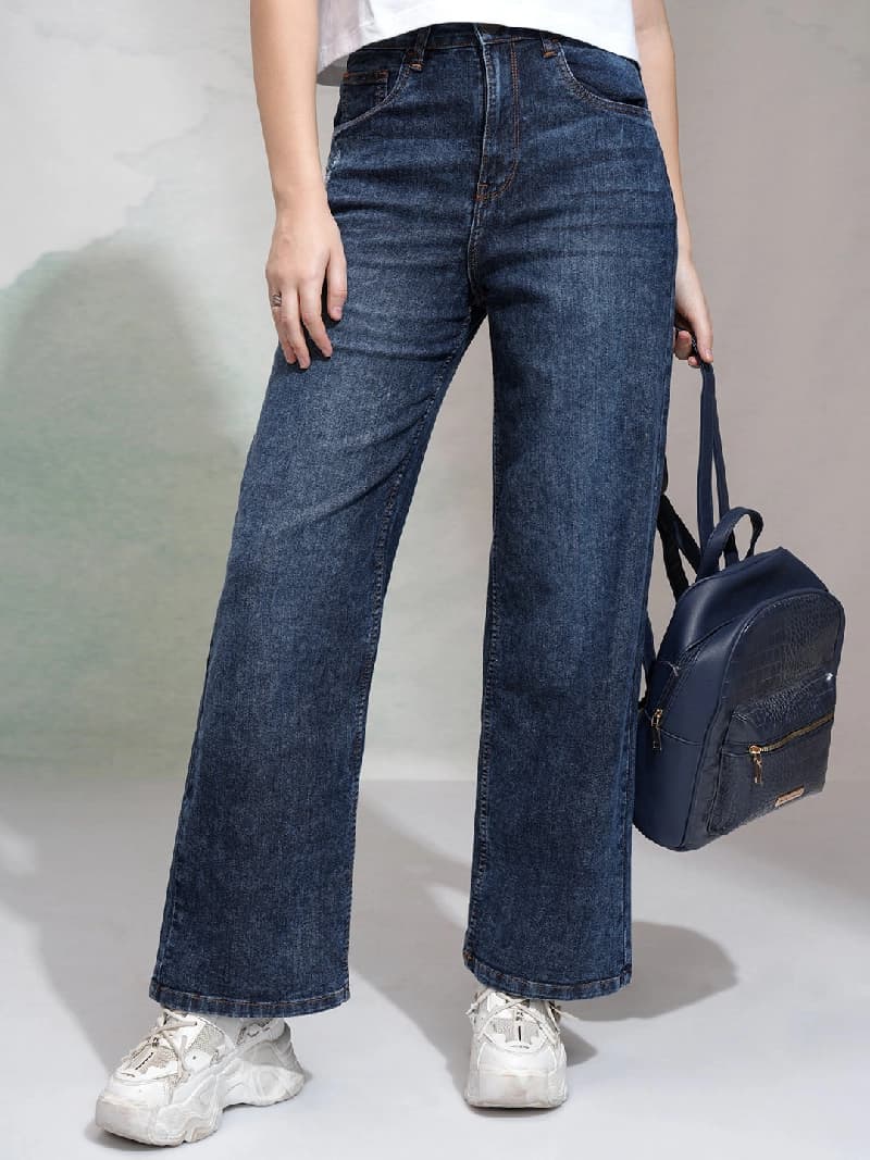 Women's Blue Casual Solid Wide Leg Jeans