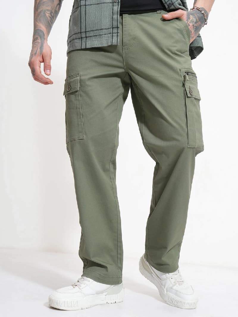 Men's Green Casual Solid Straight Fit Trouser