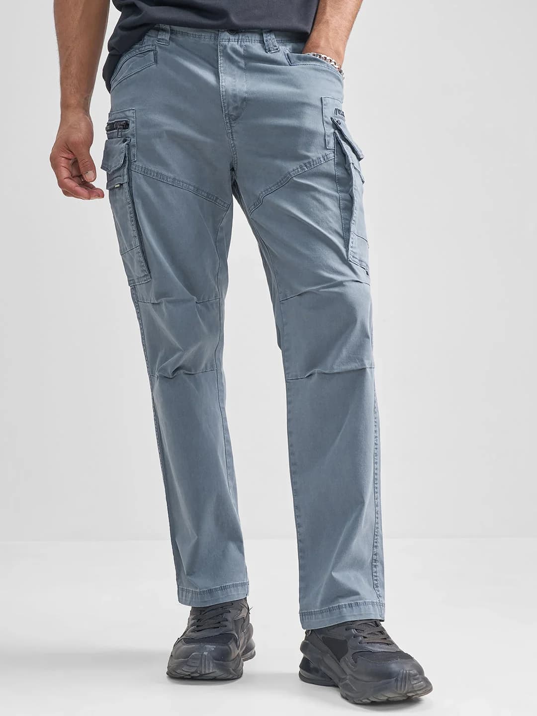 Men's Blue Casual Solid Straight Fit Trouser