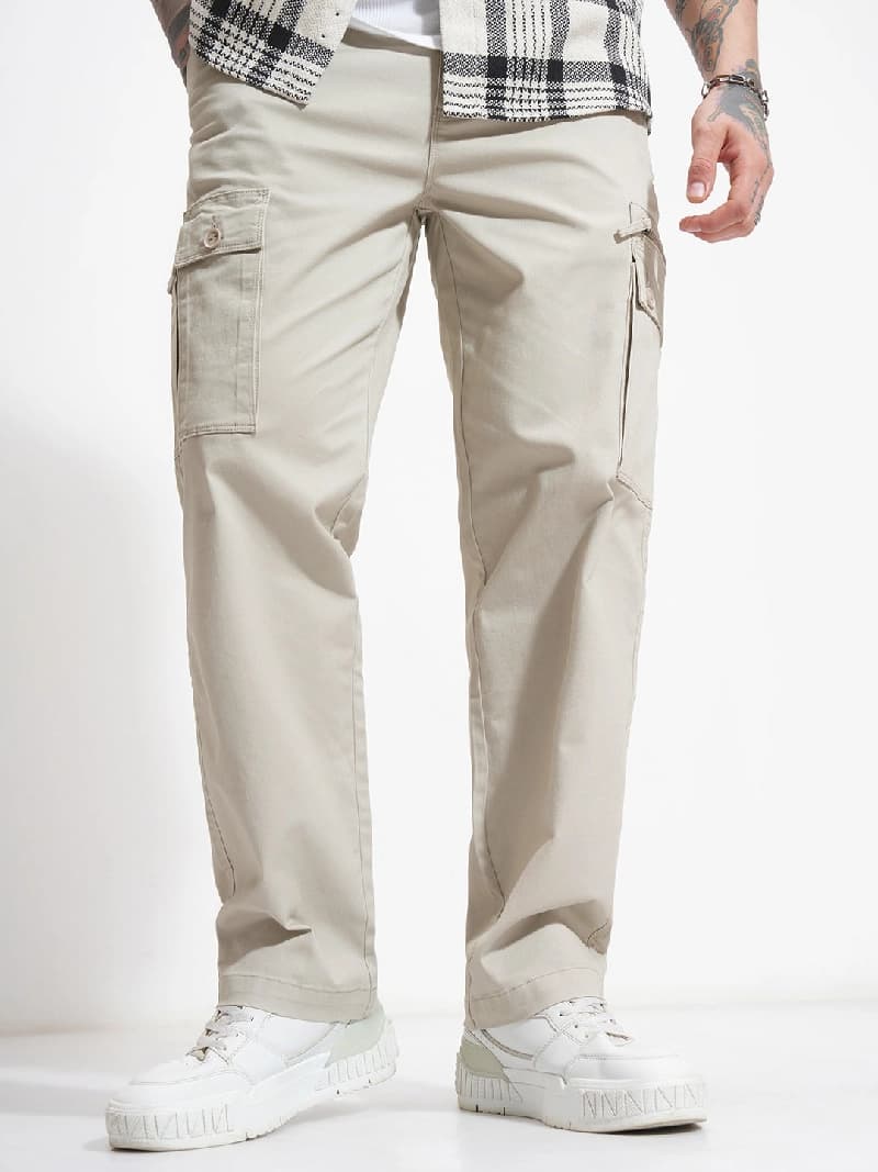 Men's Beige Casual Solid Straight Fit Cargo