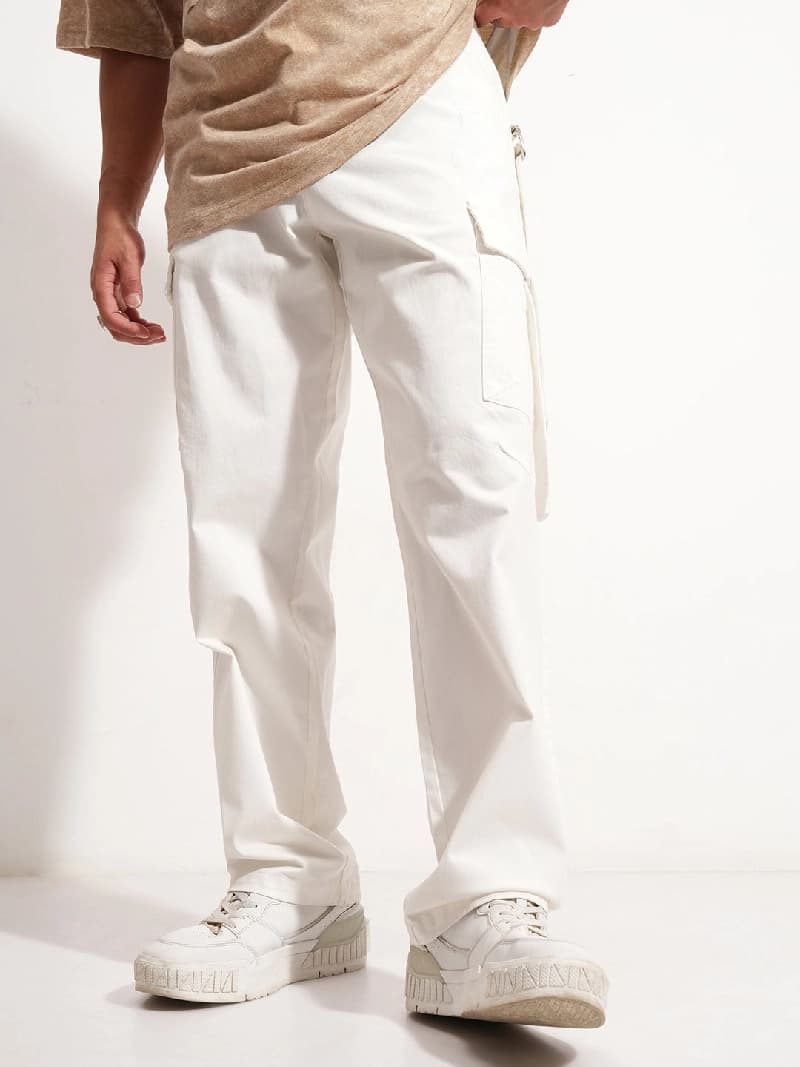 Men's White Casual Solid Straight Fit Trouser