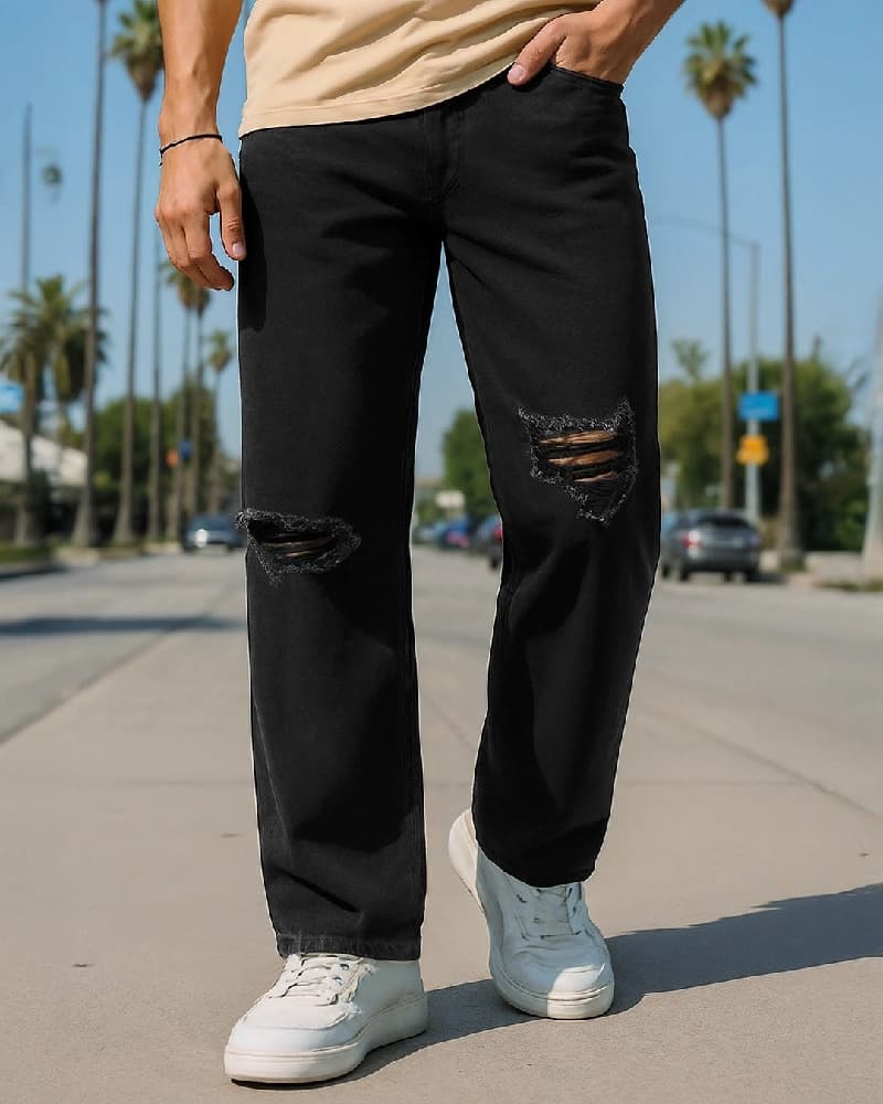 Men's Black Casual Solid Baggy Fit Jeans