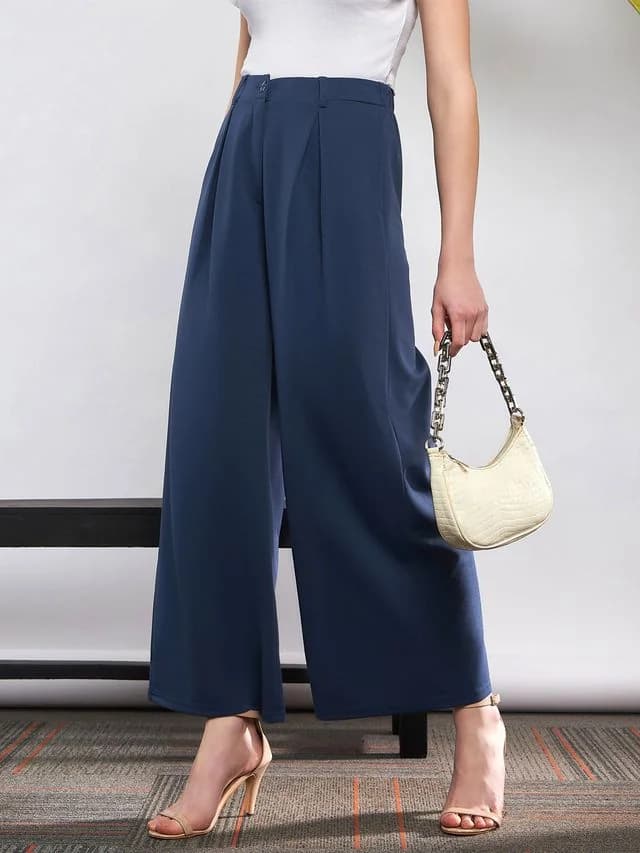 Women's Blue Casual Solid Flared Fit Trouser