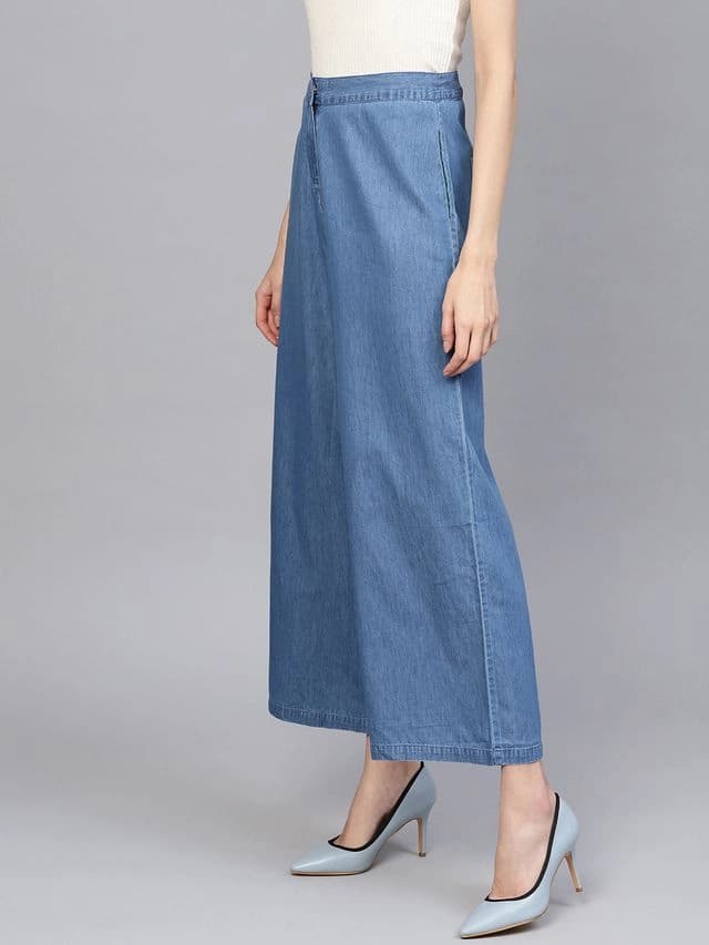 Women's Blue Casual Solid Flared Fit Trouser