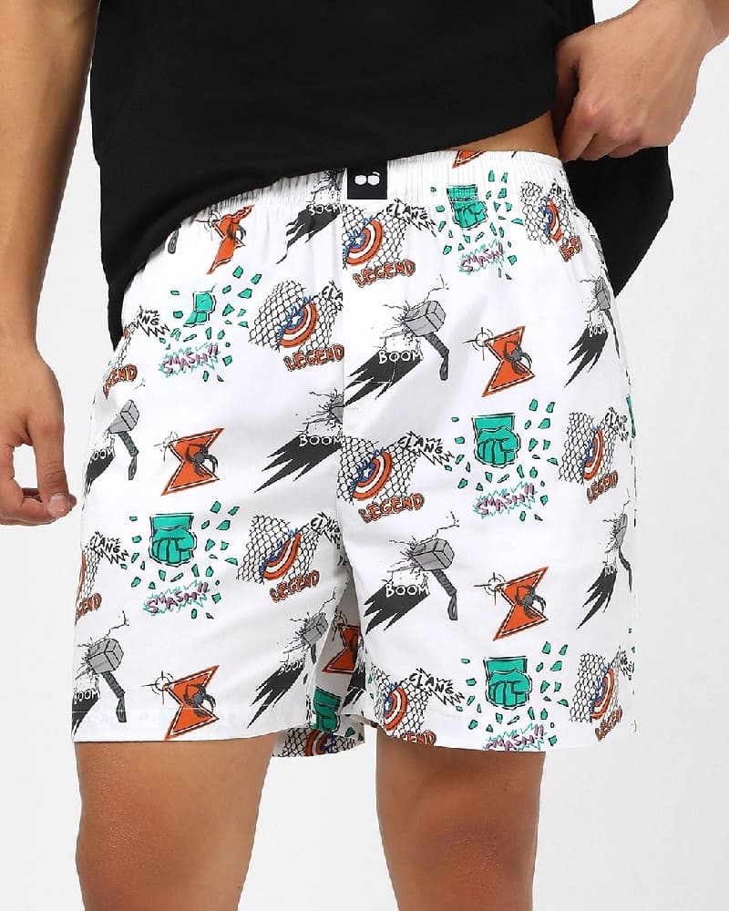Men's White Avengers All Over Printed Lounge Wear Boxer