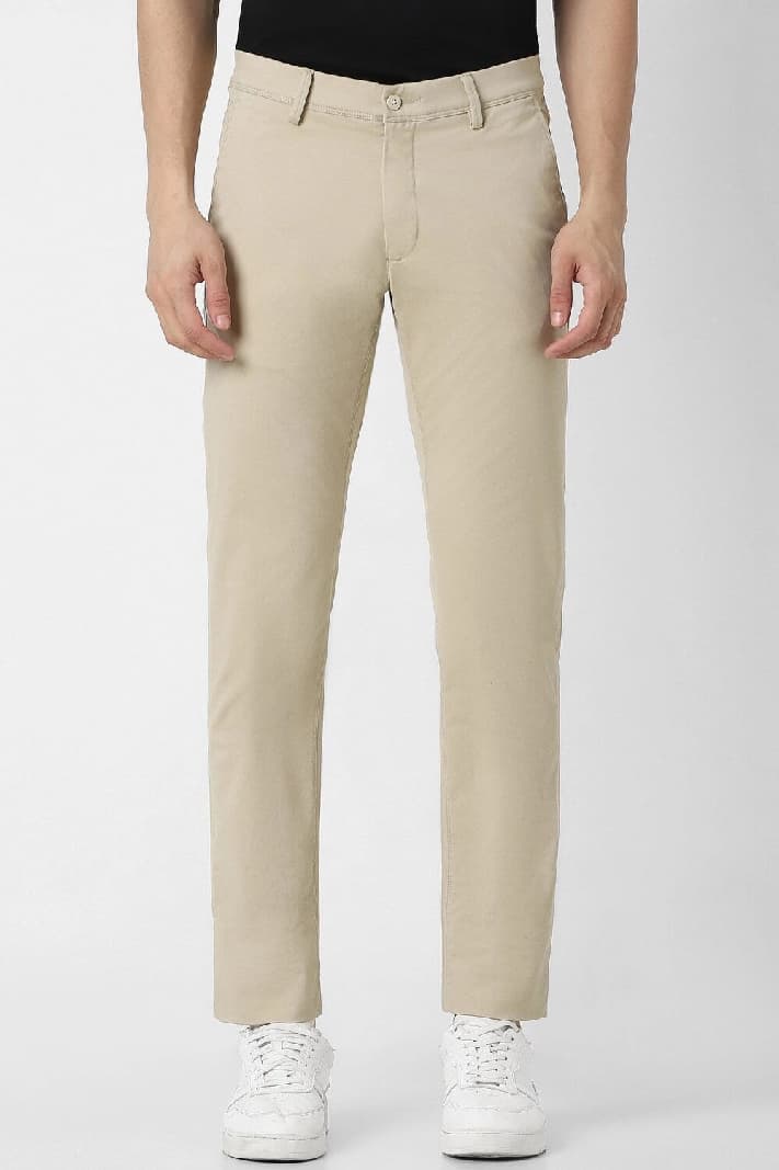Men's Beige Casual Solid Slim Fit Trouser