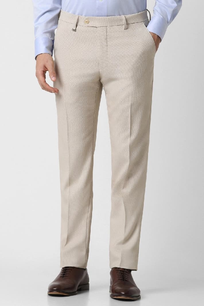Men's Beige Formal Solid Slim Fit Trouser