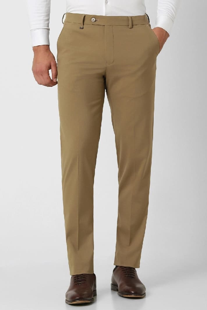 Men's Beige Formal Solid Slim Fit Trouser