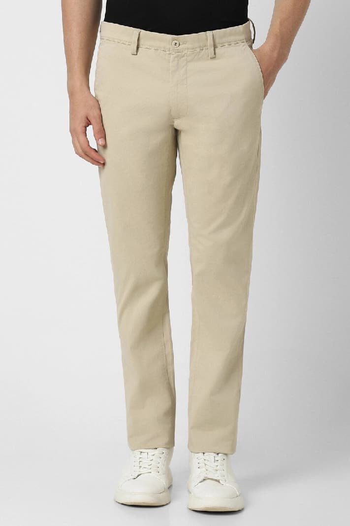 Men's Beige Casual Solid Slim Fit Trouser