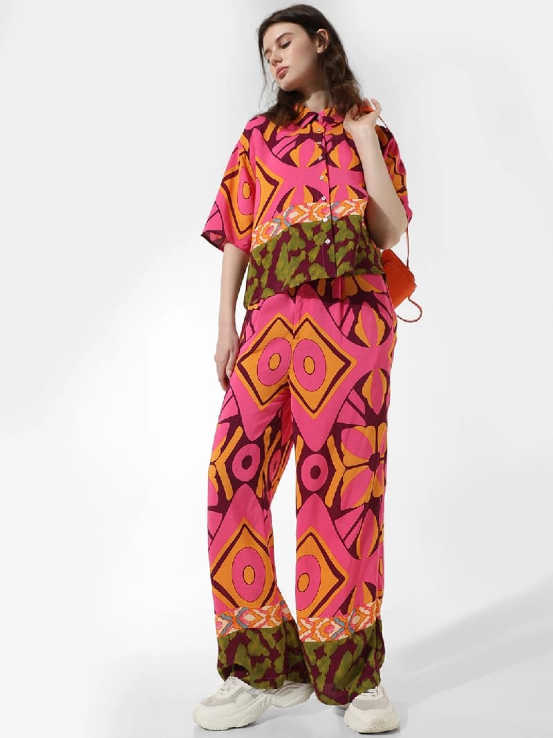Women's Pink Casual Printed Baggy Fit Trouser