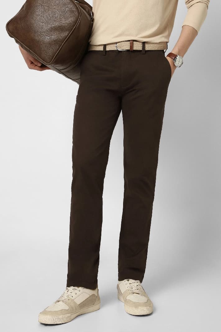 Men's Brown Casual Solid Straight Fit Trouser