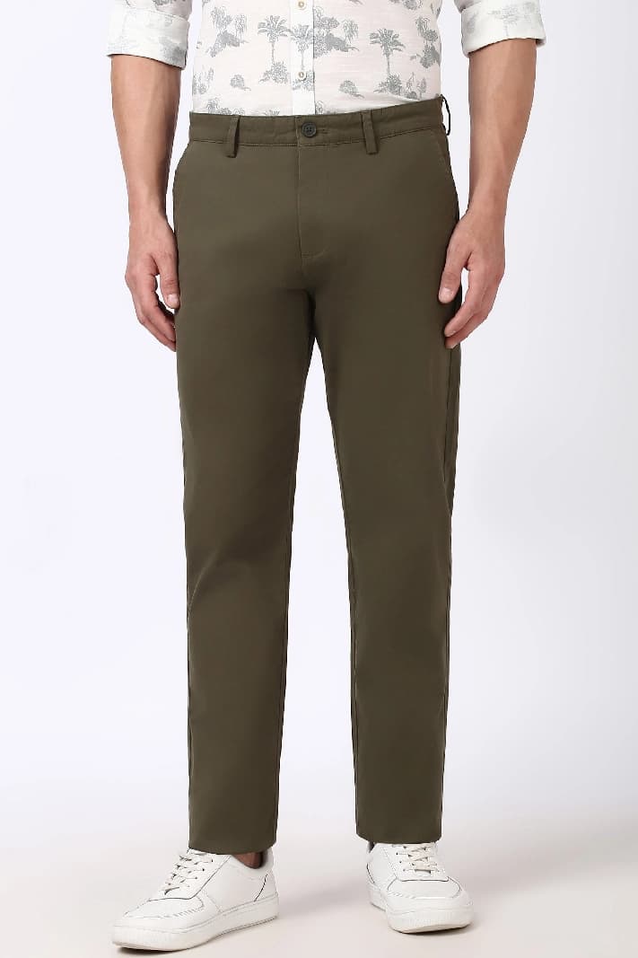 Men's Green Casual Solid Straight Fit Trouser