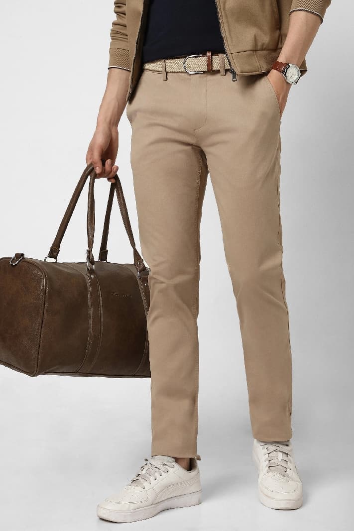 Men's Beige Casual Solid Straight Fit Trouser
