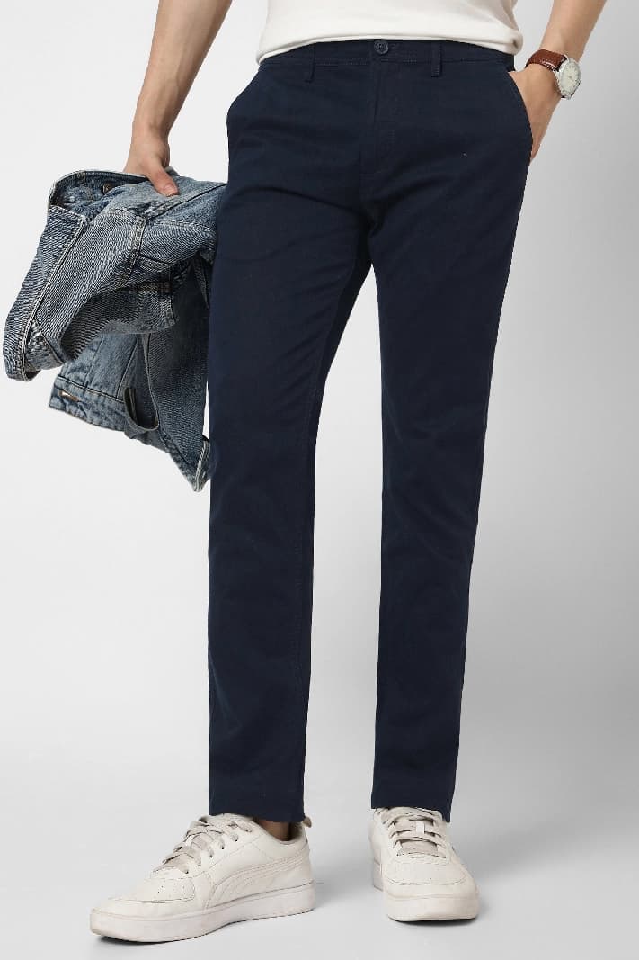 Men's Navy Casual Solid Straight Fit Trouser