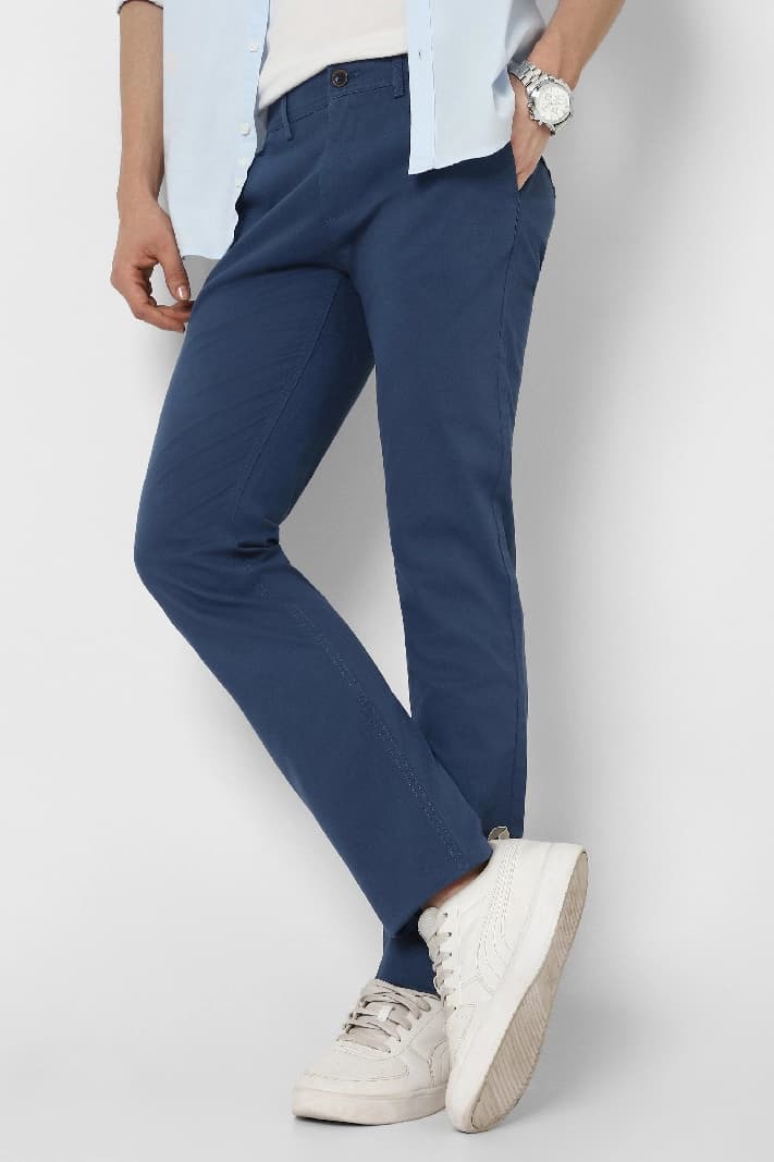 Men's Blue Casual Solid Straight Fit Trouser