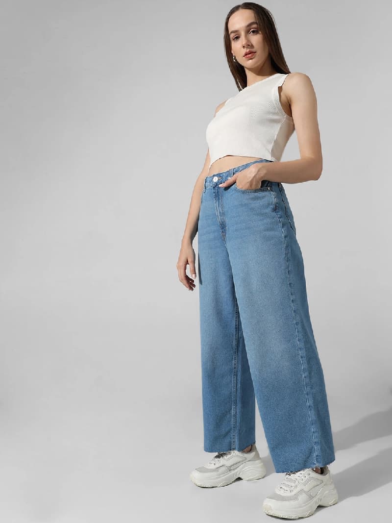 Women's Blue Casual Solid Wide Leg Jeans