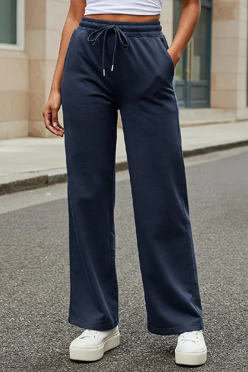 Women's Navy Casual Solid Oversized Fit Trackpant
