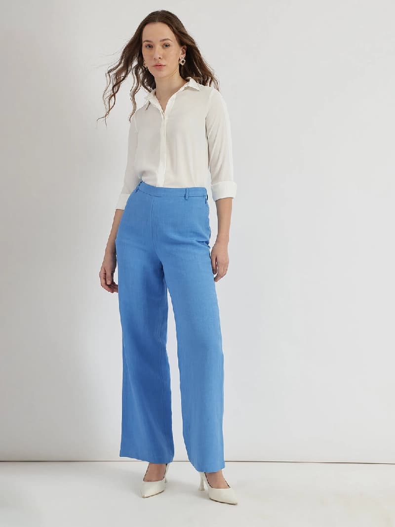 Women's Blue Formal Solid Oversized Fit Trouser