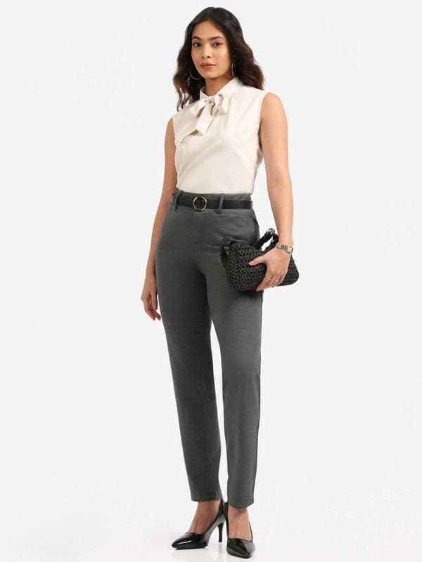 Women's Grey Formal Solid Trouser