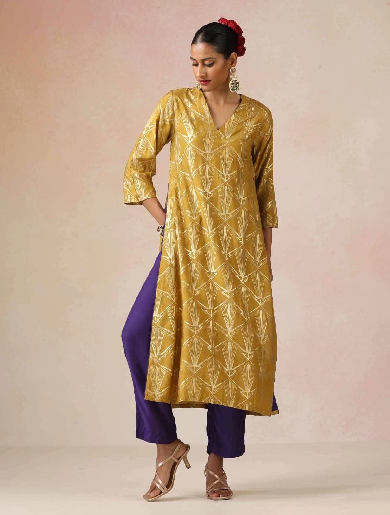 Women's Mustard Festive Three Quarter Sleeves Kurta Set