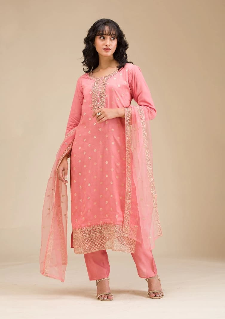 Women's Peach Cording Chanderi Readymade Salwar Suit with Dupatta