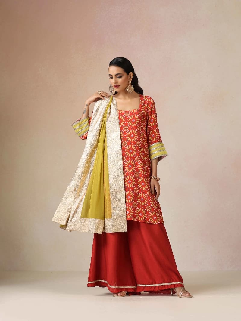Women's Red Festive Three Quarter Sleeves Sharara Set