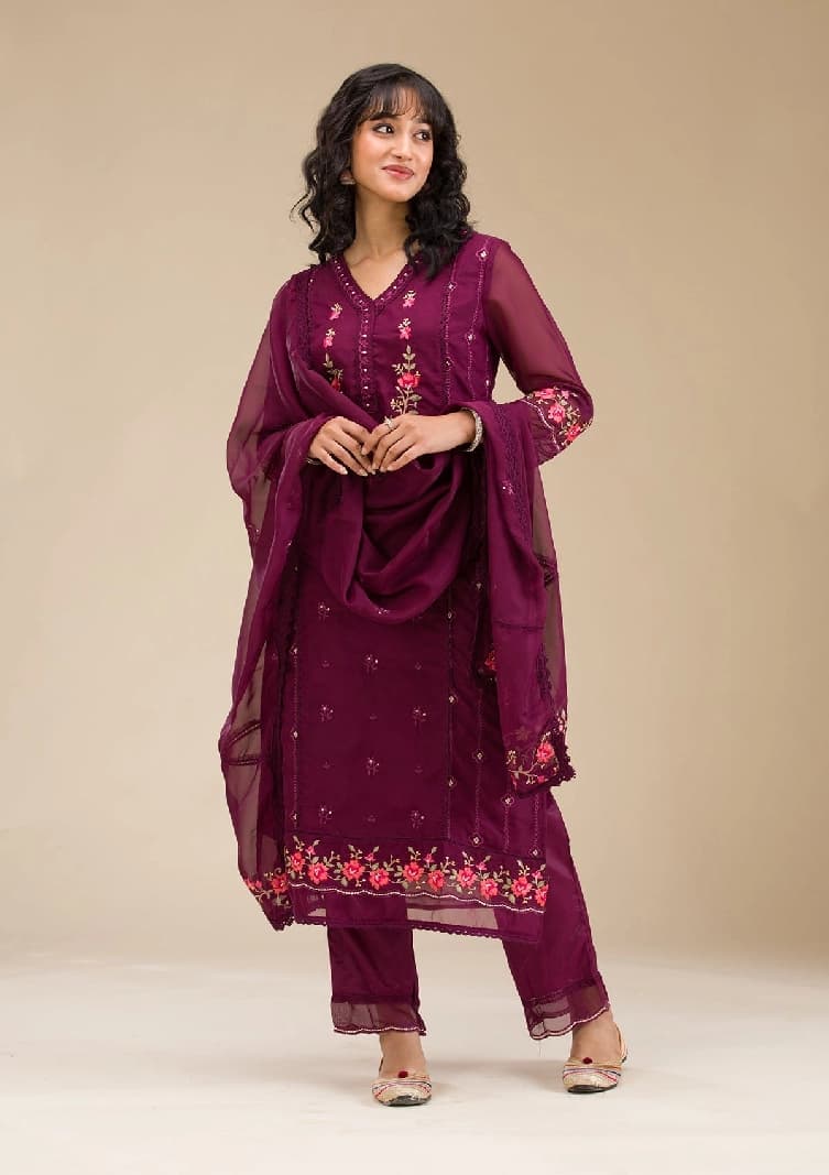 Women's Wine Threadwork Crepe Readymade Salwar Suit with Dupatta