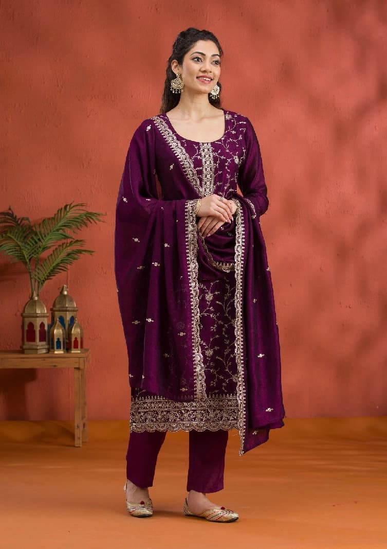 Women's Purple Threadwork Raw Silk Readymade Salwar Suit with Dupatta