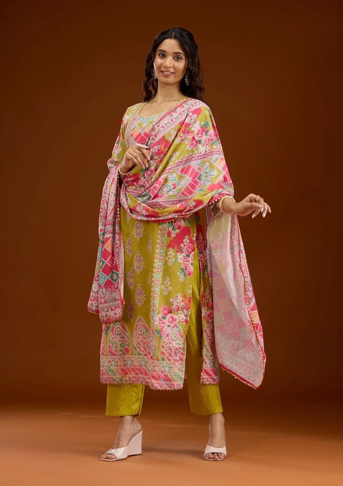 Women's Mustard Stonework Semi Crepe Readymade Salwar Suit with Dupatta