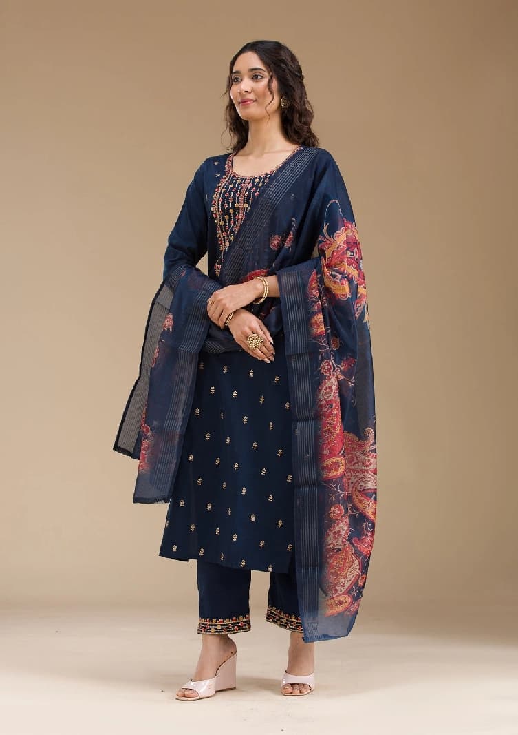 Women's Navy Blue Threadwork Semi Crepe Readymade Salwar Suit with Dupatta